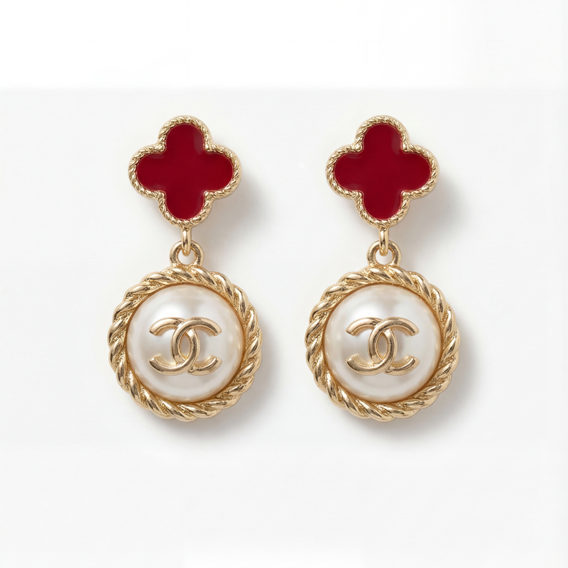 Ruby Pearl Emblem Drop Earrings