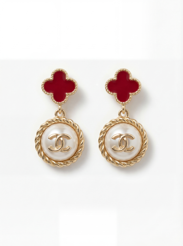 Ruby Pearl Emblem Drop Earrings