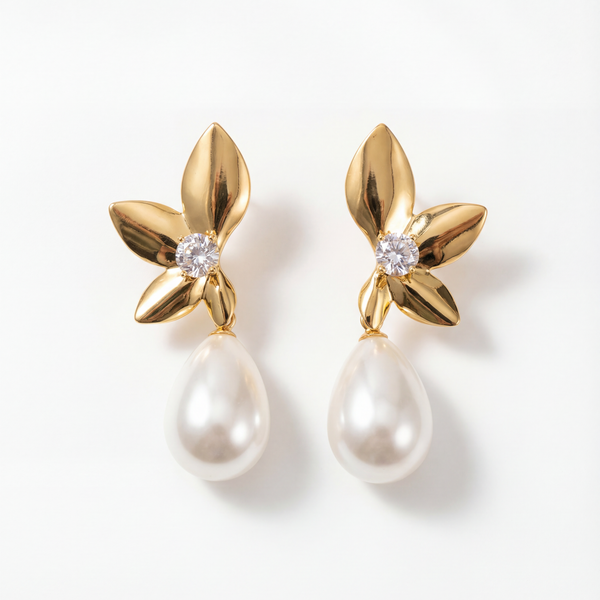 Golden Fleur Pearl Drop Earrings