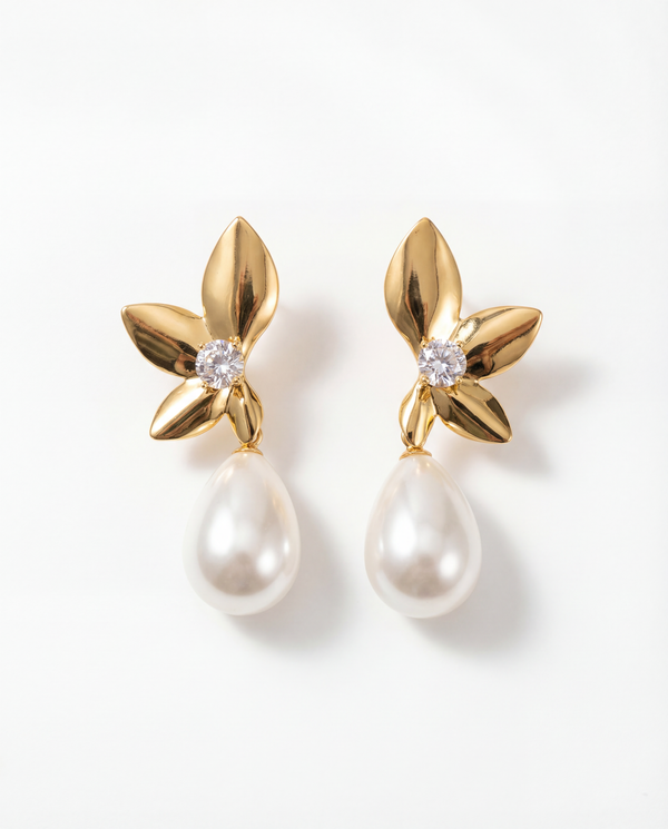 Golden Fleur Pearl Drop Earrings