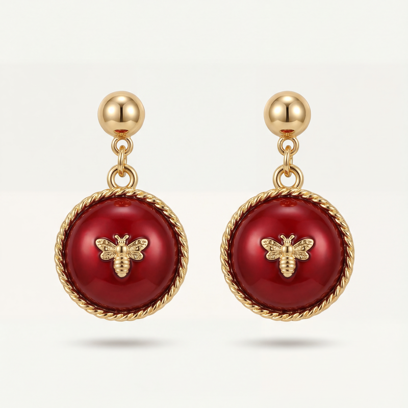 Ruby Bee Medallion Drop Earrings