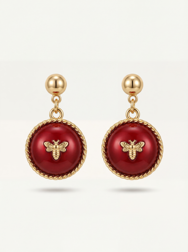 Ruby Bee Medallion Drop Earrings