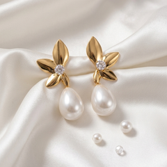 Golden Fleur Pearl Drop Earrings