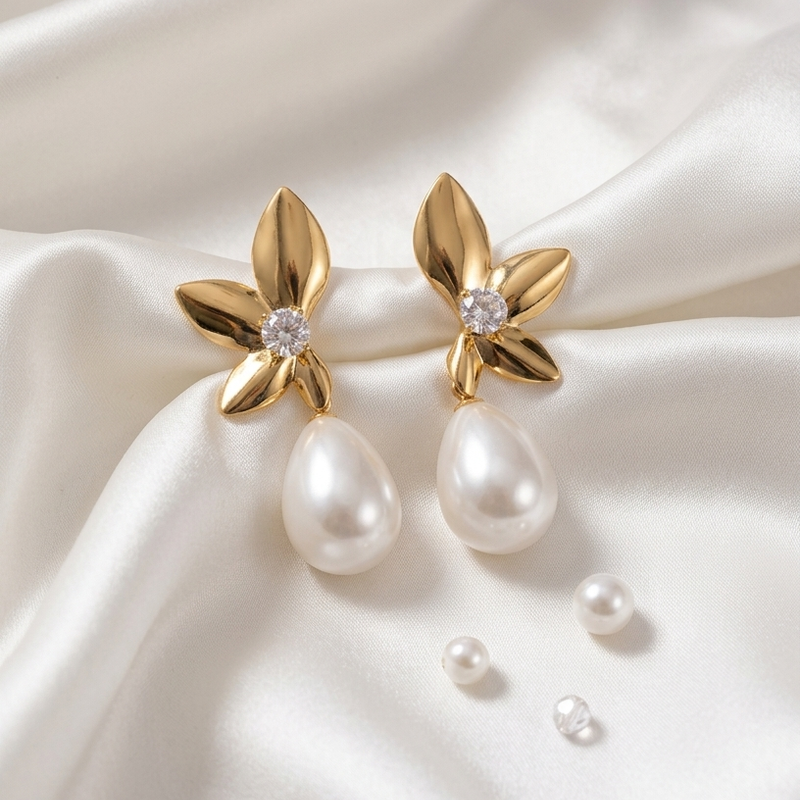 Golden Fleur Pearl Drop Earrings