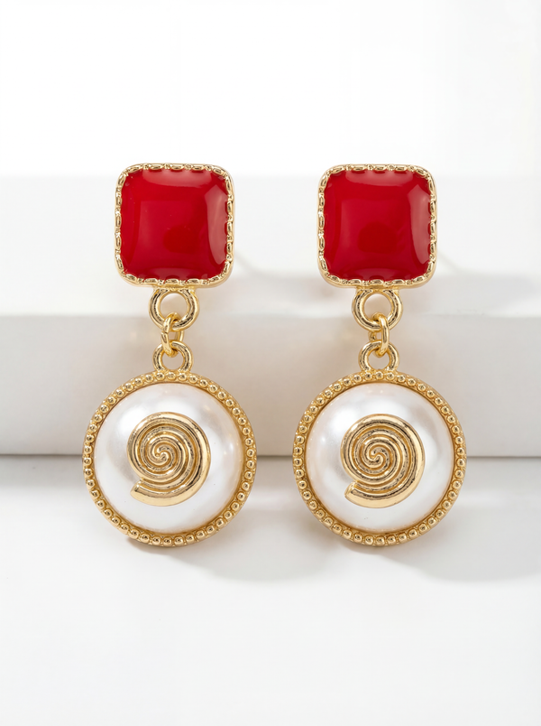 Ruby Pearl Spiral Drop Earrings