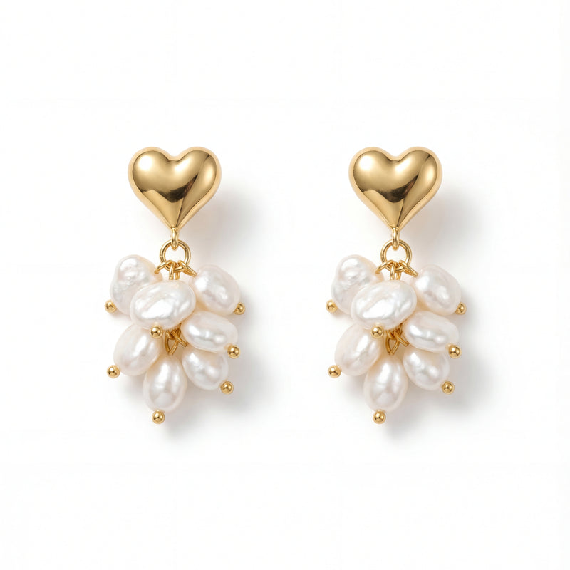 Golden Heart Pearl Cluster Drop Earrings