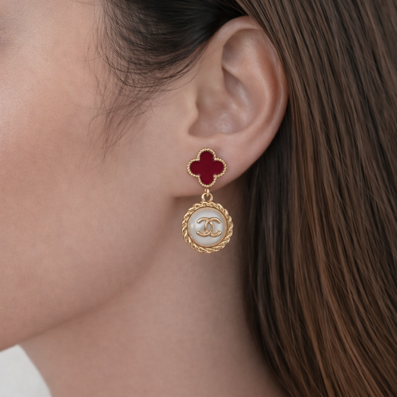 Ruby Pearl Emblem Drop Earrings