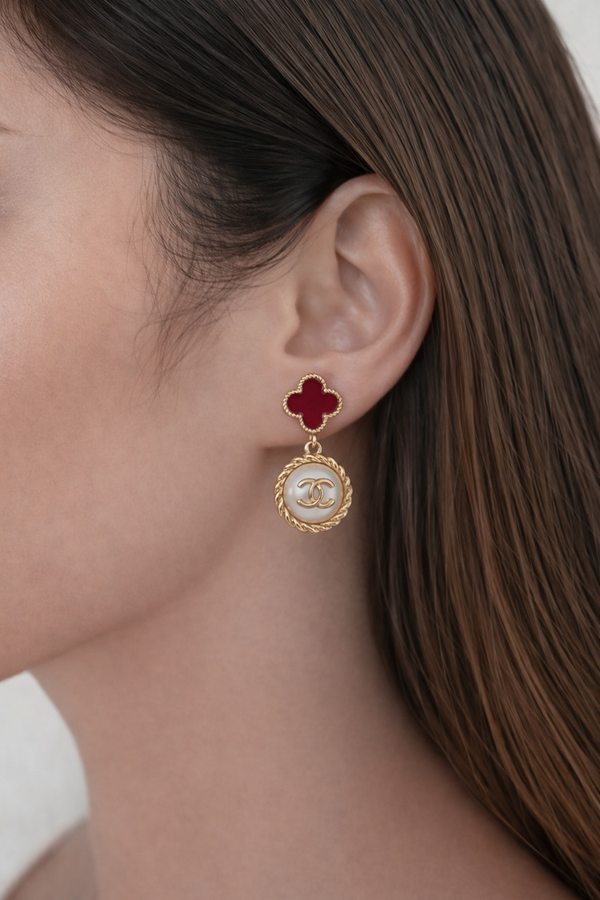 Ruby Pearl Emblem Drop Earrings