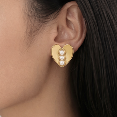 Golden Heart Pearl Stud Earrings