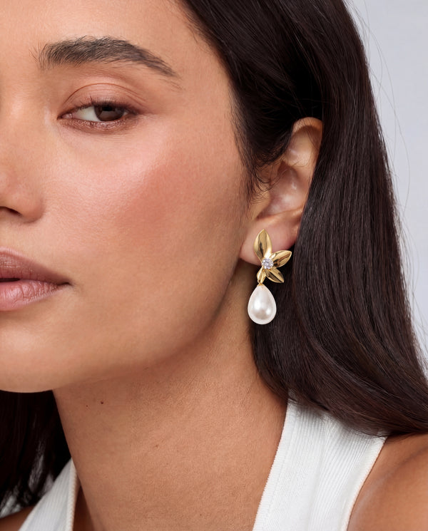 Golden Fleur Pearl Drop Earrings