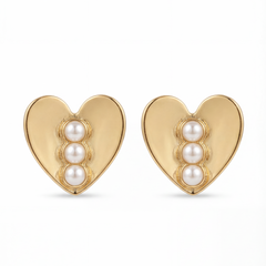 Golden Heart Pearl Stud Earrings