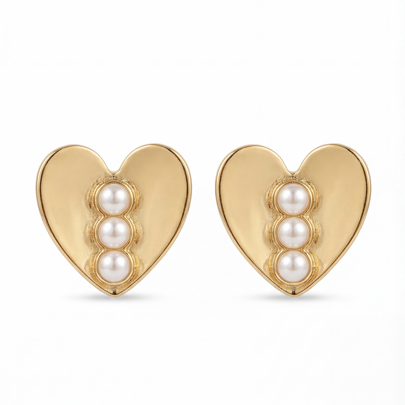 Golden Heart Pearl Stud Earrings