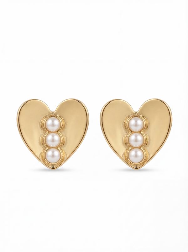 Golden Heart Pearl Stud Earrings